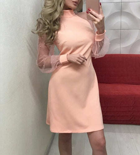 Sexy Lace Pearls Long Sleeve Mesh Beading Dress-women-wanahavit-Pink-S-wanahavit