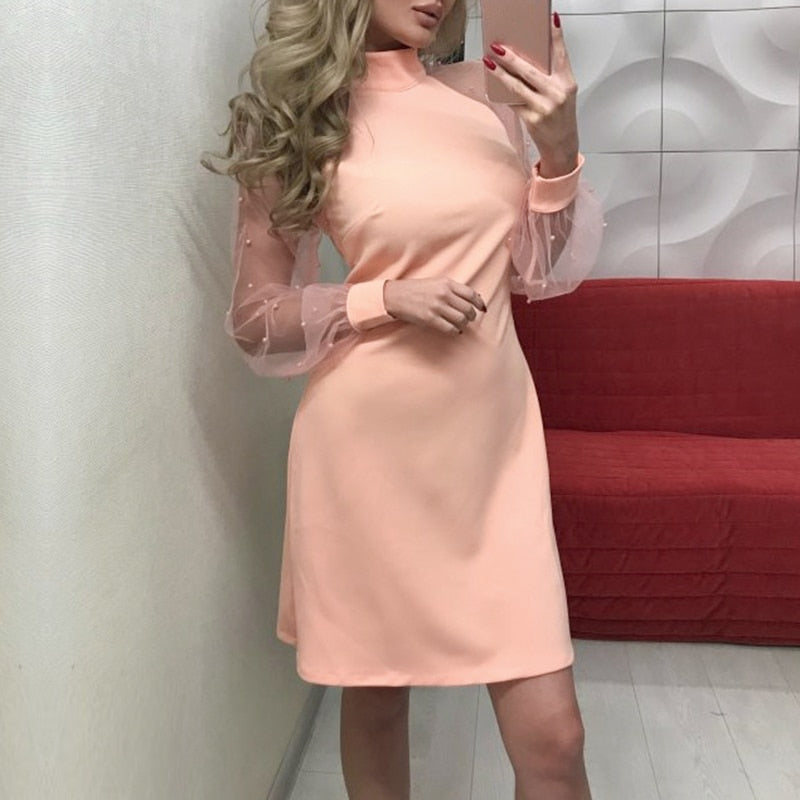 Sexy Lace Pearls Long Sleeve Mesh Beading Dress-women-wanahavit-Pink-S-wanahavit