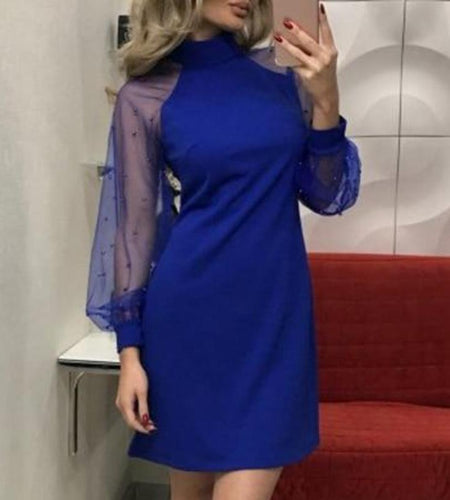 Sexy Lace Pearls Long Sleeve Mesh Beading Dress-women-wanahavit-Blue-S-wanahavit