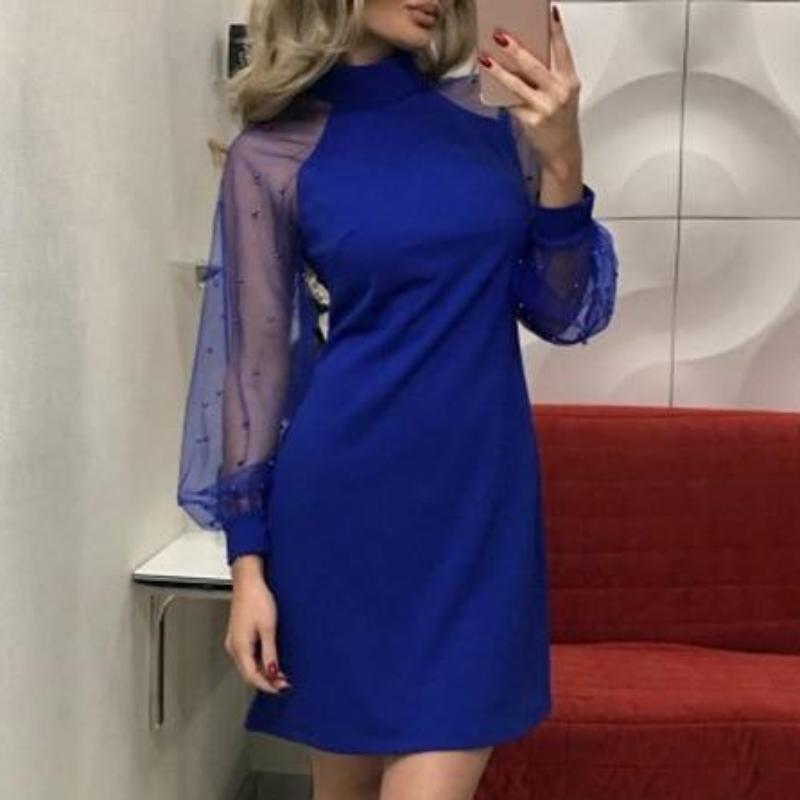 Sexy Lace Pearls Long Sleeve Mesh Beading Dress-women-wanahavit-Blue-S-wanahavit