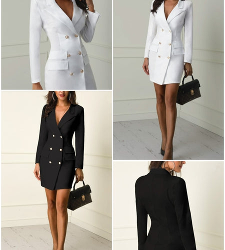 Elegant Double Breasted Blazer Bodycon Office Dress-women-wanahavit-White-S-wanahavit