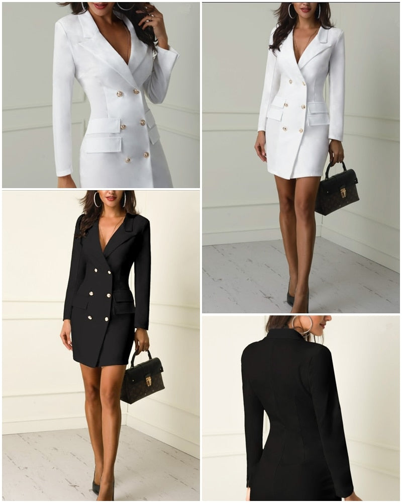 Elegant Double Breasted Blazer Bodycon Office Dress-women-wanahavit-White-S-wanahavit