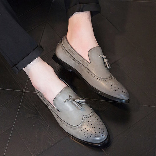 Load image into Gallery viewer, Fashion PU Leather Round Toe Bullock Oxfords Shoes-men-wanahavit-Grey-5.5-wanahavit
