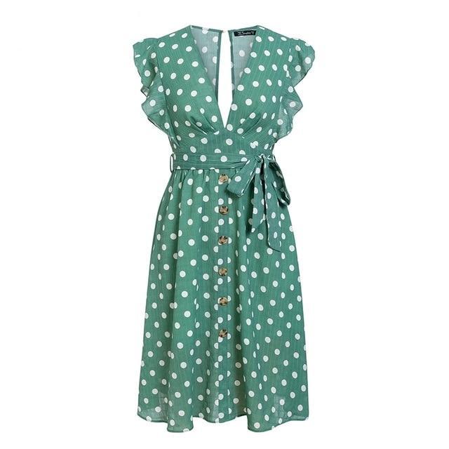 Sexy V Neck Polka Dot Green Summer Dress-women-wanahavit-Green-S-wanahavit