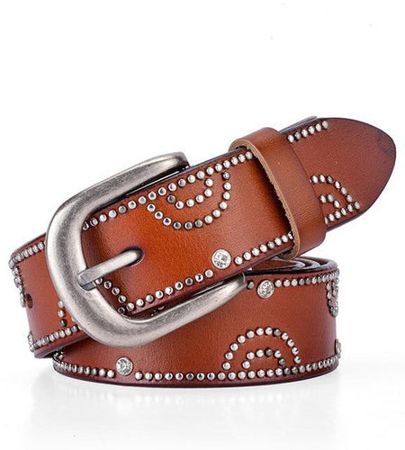 Riveted Leather Fashion Studded Belts-women-wanahavit-CM7054 Brown-95CM-wanahavit