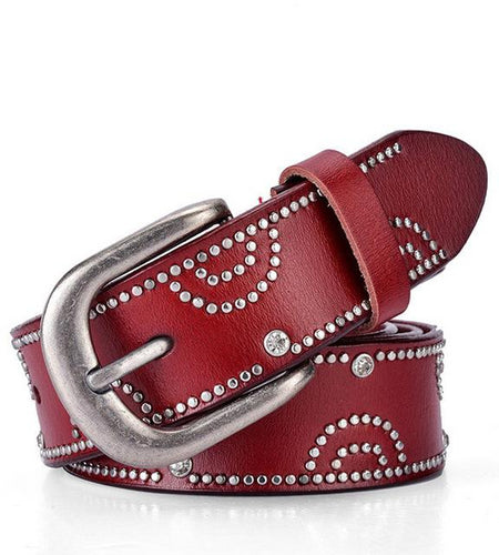 Riveted Leather Fashion Studded Belts-women-wanahavit-CM7054 Red-95CM-wanahavit