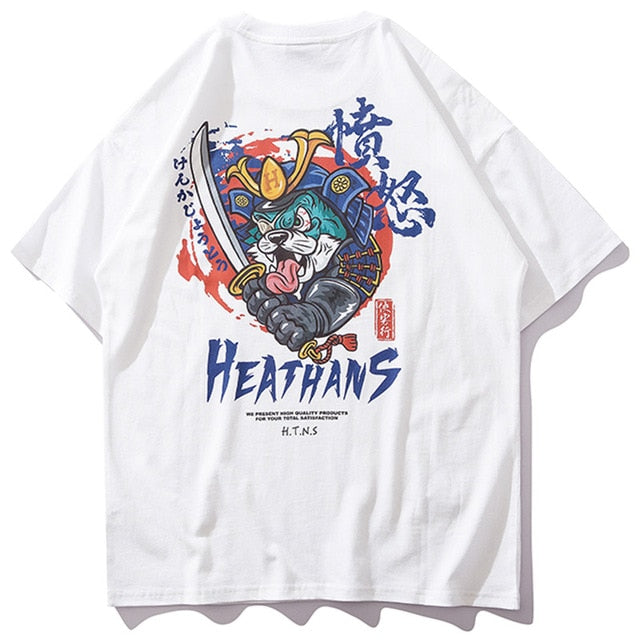 Samurai Armored Cat Printed Hip Hop Streetwear Loose Tees-unisex-wanahavit-White-Asian M-wanahavit