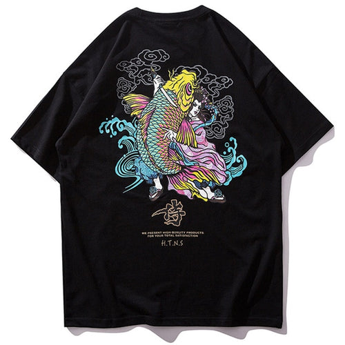 Load image into Gallery viewer, Colorful Japanese Koi Printed Hip Hop Streetwear Loose Tees-unisex-wanahavit-black-Asian M-wanahavit
