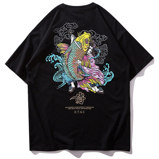 Colorful Japanese Koi Printed Hip Hop Streetwear Loose Tees-unisex-wanahavit-black-Asian M-wanahavit