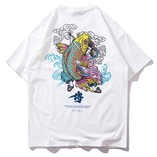 Colorful Japanese Koi Printed Hip Hop Streetwear Loose Tees-unisex-wanahavit-white-Asian M-wanahavit