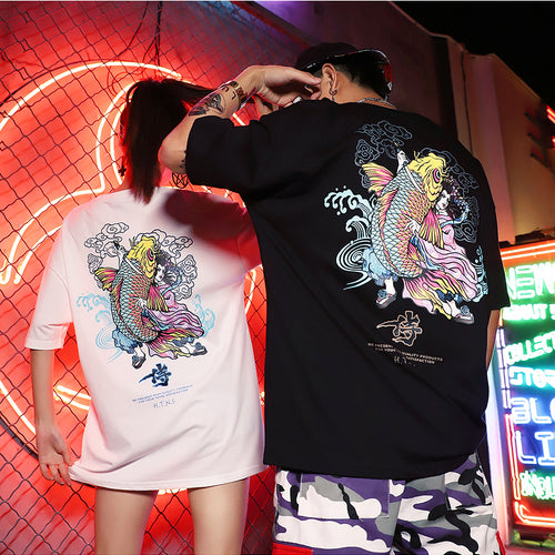 Load image into Gallery viewer, Colorful Japanese Koi Printed Hip Hop Streetwear Loose Tees-unisex-wanahavit-white-Asian M-wanahavit
