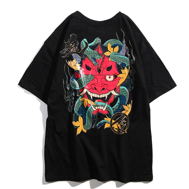 Snake Samurai Mask Printed Hip Hop Streetwear Loose Tees-unisex-wanahavit-Black-Asian M-wanahavit