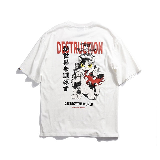 World Destruction Cat Printed Hip Hop Streetwear Loose Tees-unisex-wanahavit-White-Asian M-wanahavit