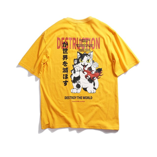 World Destruction Cat Printed Hip Hop Streetwear Loose Tees-unisex-wanahavit-Yellow-Asian M-wanahavit