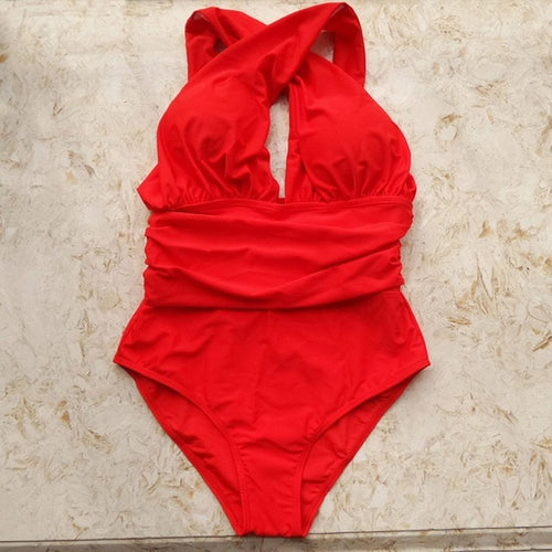 Load image into Gallery viewer, Criss Cross Neck Plus Size Monokini-women fitness-wanahavit-Red-4XL-wanahavit
