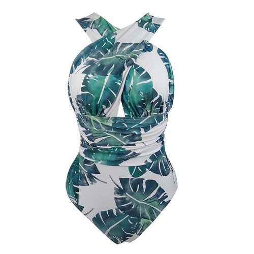 Load image into Gallery viewer, Criss Cross Neck Plus Size Monokini-women fitness-wanahavit-Green Leaves-XXXL-wanahavit
