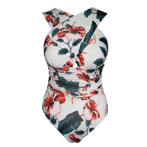 Load image into Gallery viewer, Criss Cross Neck Plus Size Monokini-women fitness-wanahavit-Red Flower-S-wanahavit
