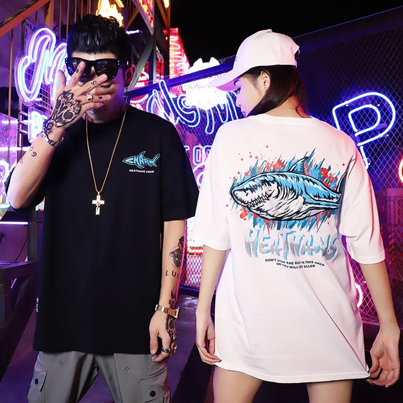 Angry Great Shark Printed Hip Hop Streetwear Loose Tees-unisex-wanahavit-White-Asian M-wanahavit