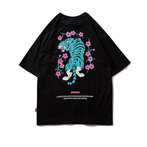 Load image into Gallery viewer, Tiger Flower Printed Hip Hop Streetwear Loose Tees-unisex-wanahavit-Black-Asian M-wanahavit
