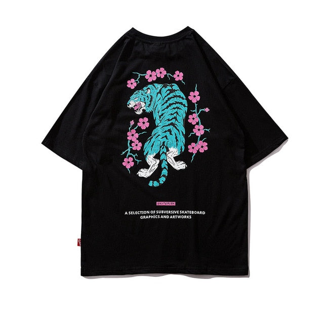 Tiger Flower Printed Hip Hop Streetwear Loose Tees-unisex-wanahavit-Black-Asian M-wanahavit
