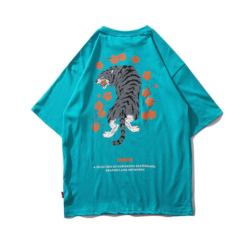 Load image into Gallery viewer, Tiger Flower Printed Hip Hop Streetwear Loose Tees-unisex-wanahavit-Lake Blue-Asian M-wanahavit

