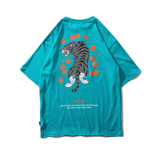 Tiger Flower Printed Hip Hop Streetwear Loose Tees-unisex-wanahavit-Lake Blue-Asian M-wanahavit