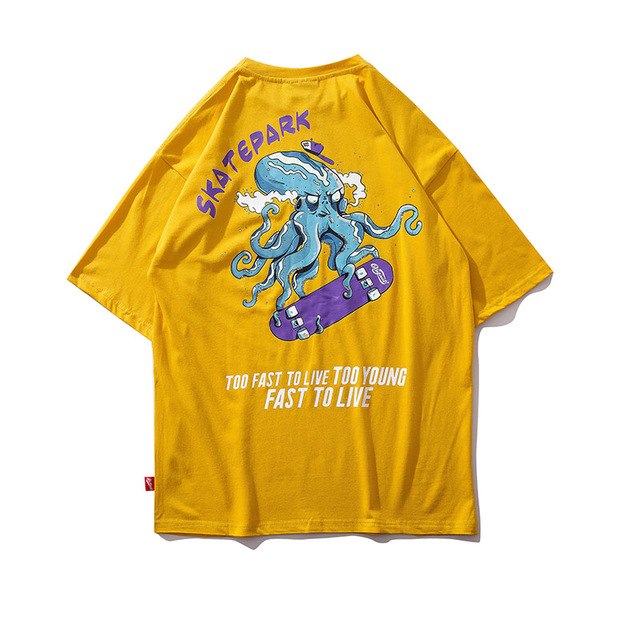 Skating Octopus Printed Hip Hop Streetwear Loose Tees-unisex-wanahavit-Yellow-Asian M-wanahavit