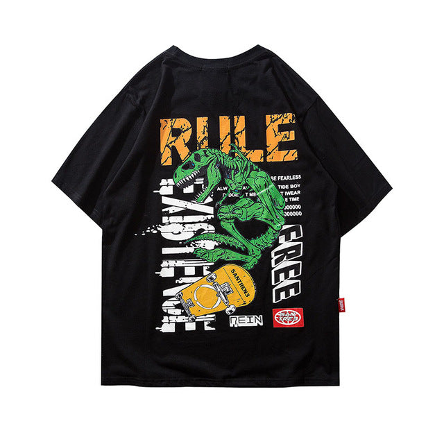 T-Rex Rule Printed Hip Hop Streetwear Loose Tees-unisex-wanahavit-Black-Asian M-wanahavit