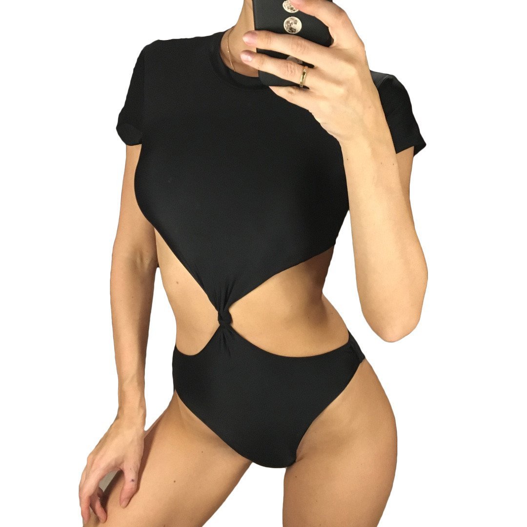Sexy Black Sleeved Cut Out Knotted Bather Monokini-women fitness-wanahavit-Black-L-wanahavit