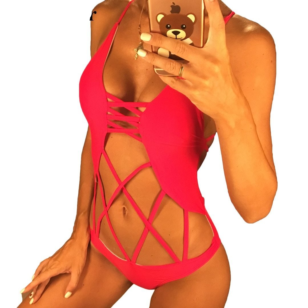 Sexy Cross Straps Bather Padded Monokini-women fitness-wanahavit-Red-L-wanahavit