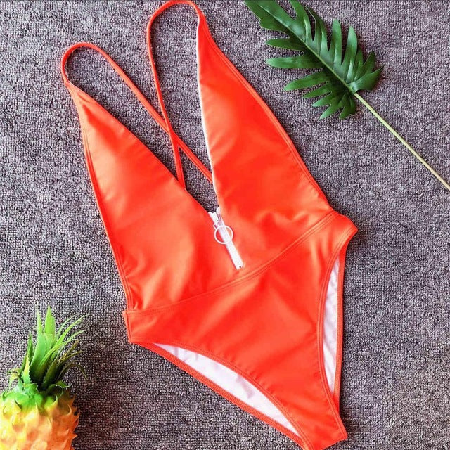 Sexy High Waist Zip Up Deep V Neck Monokini-women fitness-wanahavit-Orange-L-wanahavit