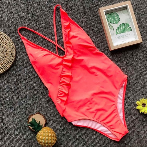 Load image into Gallery viewer, Sexy Side Ruffle Bather Crisscross Back Strap Monokini-women fitness-wanahavit-Orange Red-L-wanahavit
