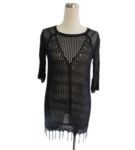 Sexy Sheer Knit Fringe Tassel Tunic Beach Cover Up-women fitness-wanahavit-Black-One Size-wanahavit