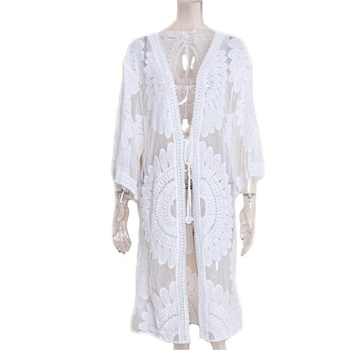 Load image into Gallery viewer, Embroidery Crochet Knitted Tunic Beach Long Cover Up-women fitness-wanahavit-White-One Size-wanahavit

