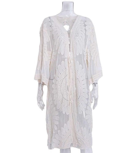 Embroidery Crochet Knitted Tunic Beach Long Cover Up-women fitness-wanahavit-Beige-One Size-wanahavit