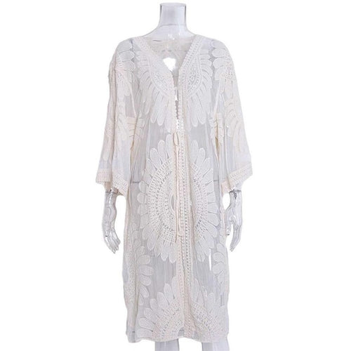 Load image into Gallery viewer, Embroidery Crochet Knitted Tunic Beach Long Cover Up-women fitness-wanahavit-Beige-One Size-wanahavit
