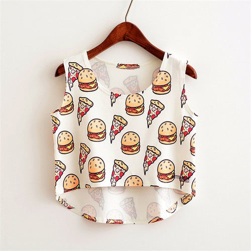 Load image into Gallery viewer, Cute Food Printed Harajuku Crop Top Shirt-women-wanahavit-pizza burger-One Size-wanahavit
