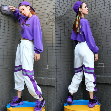 Two Color Stripe Accent Hip Hop Dance Loose Harem Pants-women-wanahavit-Purple-One Size-wanahavit