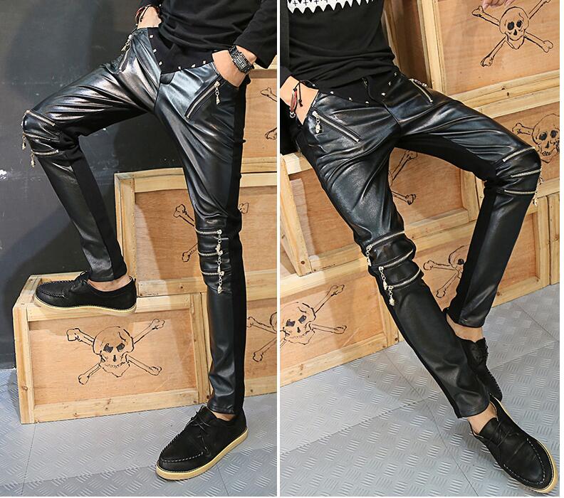 Skull Zipper Designer Harem Faux Leather Pencil Pants-men-wanahavit-Black-28-wanahavit