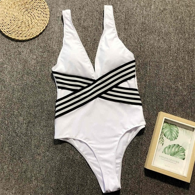 Sexy Deep V Neck High Waist Striped Wrap Monokini-women fitness-wanahavit-White-L-wanahavit