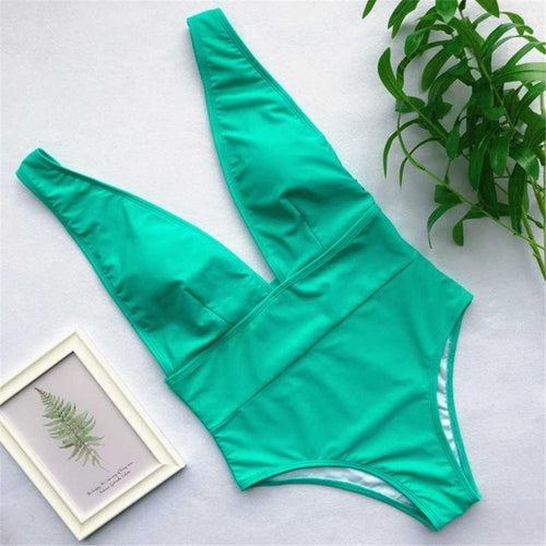 Load image into Gallery viewer, Sexy Deep V Neck Bather High Waist Monokini-women fitness-wanahavit-Green-L-wanahavit
