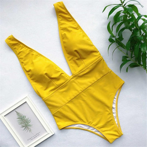 Load image into Gallery viewer, Sexy Deep V Neck Bather High Waist Monokini-women fitness-wanahavit-Yellow-L-wanahavit
