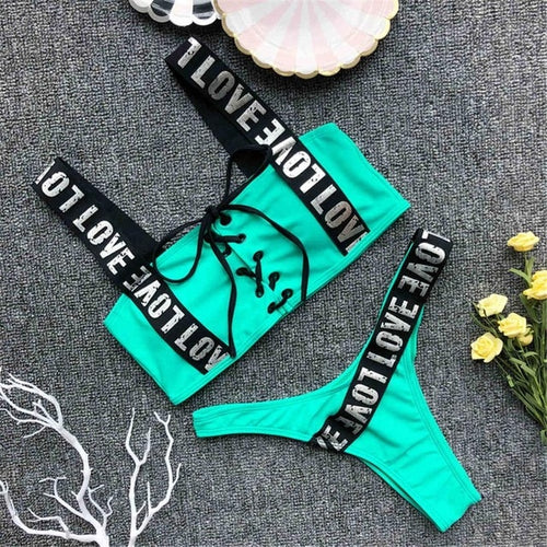 Load image into Gallery viewer, Love Letter Printed Strap Lace Up Brazilian Bikini-women fitness-wanahavit-Green-L-wanahavit
