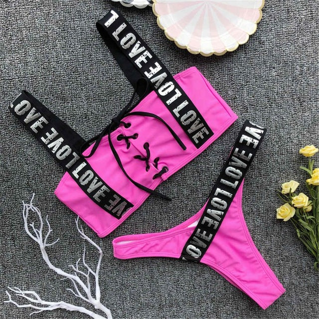 Love Letter Printed Strap Lace Up Brazilian Bikini-women fitness-wanahavit-Pink-L-wanahavit