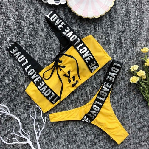 Load image into Gallery viewer, Love Letter Printed Strap Lace Up Brazilian Bikini-women fitness-wanahavit-Yellow-L-wanahavit
