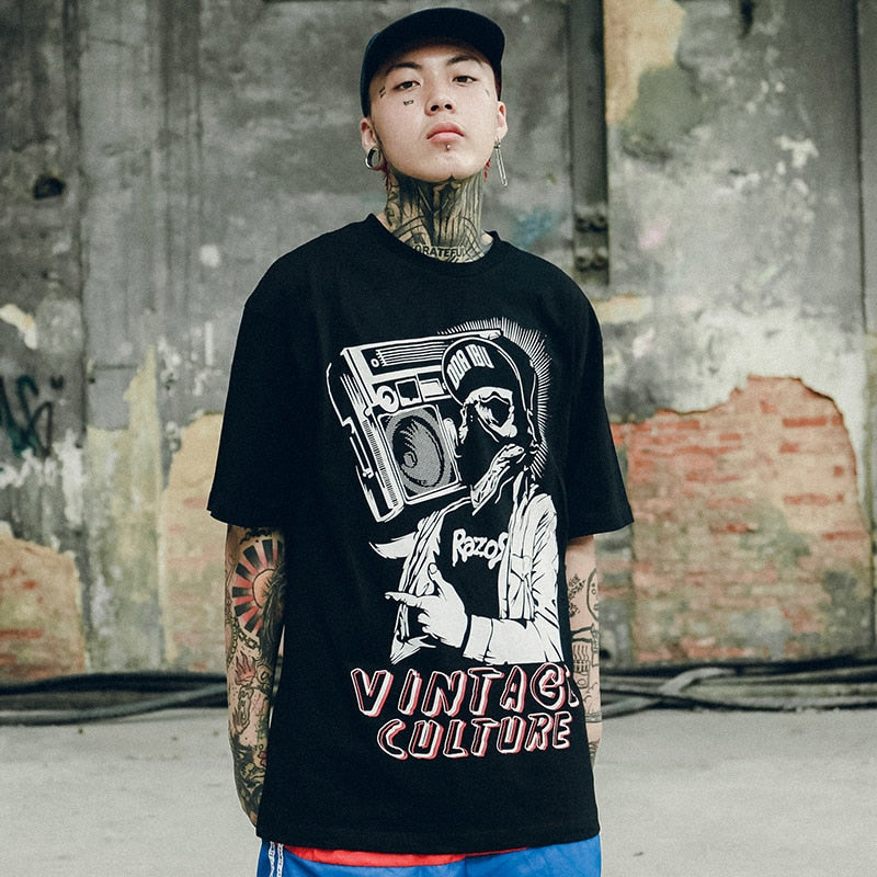 Vintage Culture Printed Hip Hop Streetwear Loose Tees-unisex-wanahavit-Black-Asian M-wanahavit