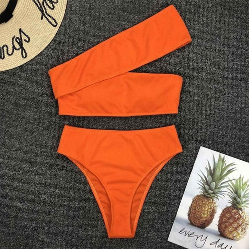 Load image into Gallery viewer, Asymmetrical Shoulder High Waist Bikini-women fitness-wanahavit-Orange-L-wanahavit
