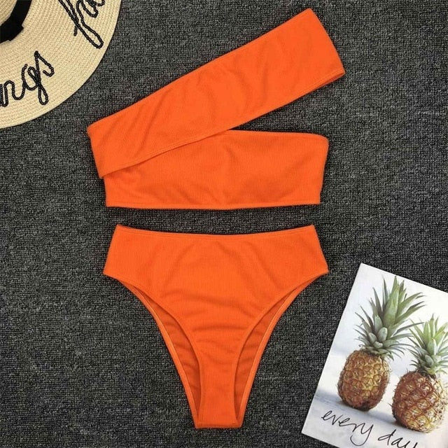 Asymmetrical Shoulder High Waist Bikini-women fitness-wanahavit-Orange-L-wanahavit