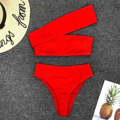 Load image into Gallery viewer, Asymmetrical Shoulder High Waist Bikini-women fitness-wanahavit-Red-L-wanahavit
