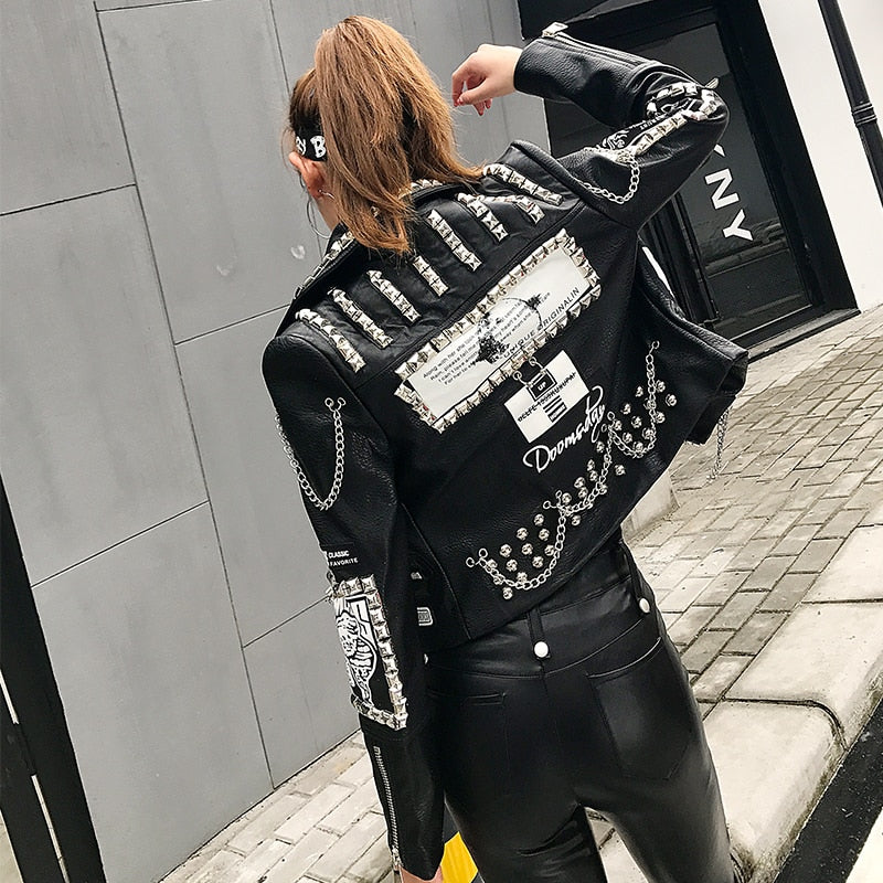 Punk Rock Chained Studded Leather Jacket-women-wanahavit-black-M-wanahavit